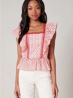 Pink Printed Peplum Blouse with Red Trim